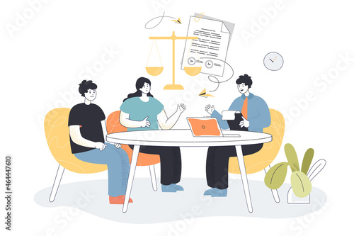 Legal advice on divorce from attorney to married couple. Clients and lawyer discussing financial contract on meeting flat vector illustration. Lawyer service, law assistance and consultation concept