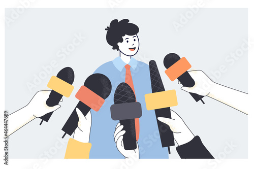 Cartoon man giving comments into microphones for television or press. Boy giving interview or opinion to public using mic flat vector illustration. Breaking news, reportage, tv program concept