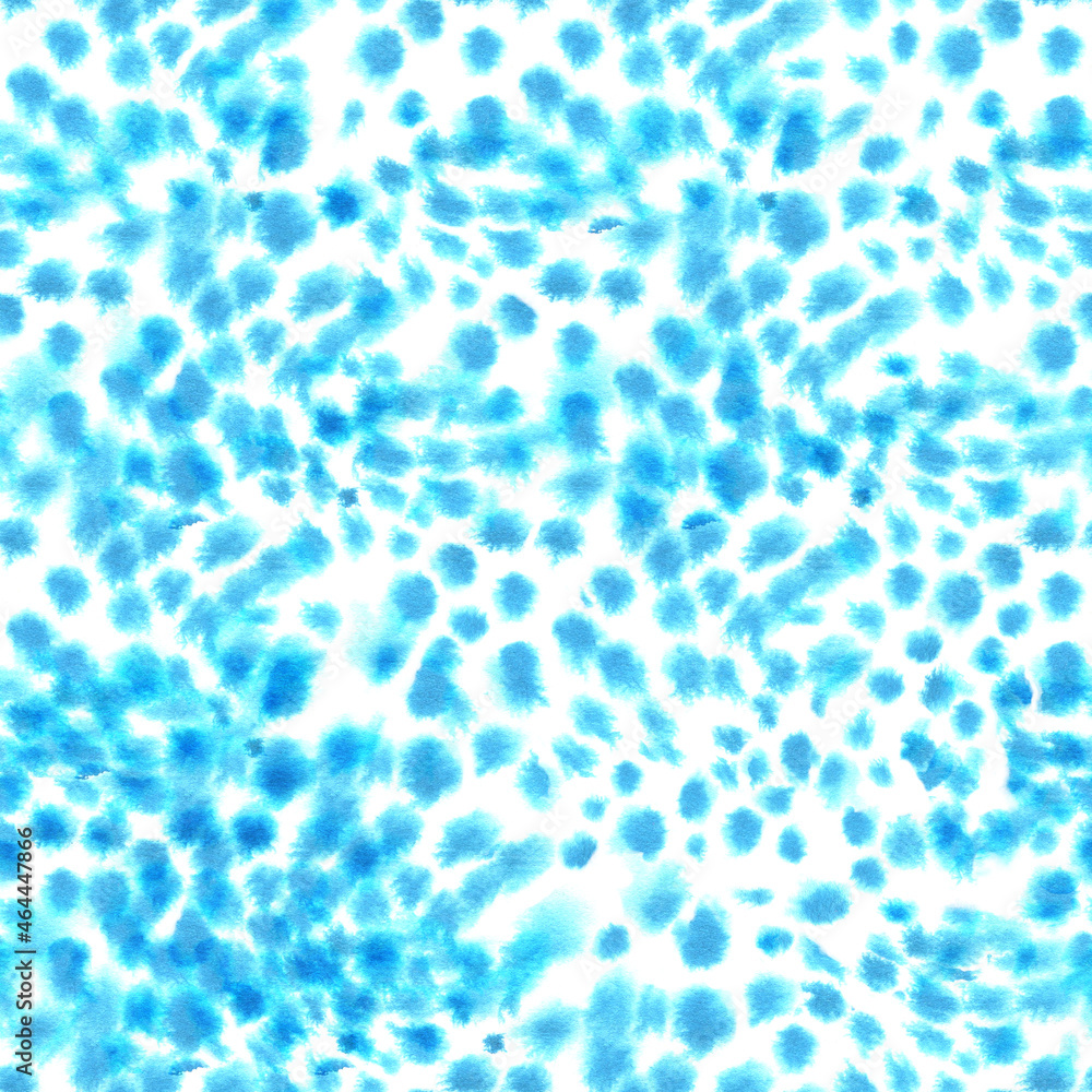 Seamless pattern with watercolor stains. Blue blurry specks, texture for fabric, packaging
