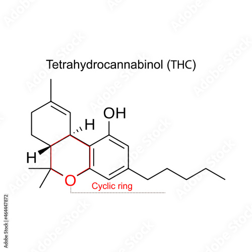 Structure of tetrahydrocannabinol (THC) isolated on white background. Tetrahydrocannabinol (THC)  is a cannabinoid, a type of non-psychoactive compound found in cannabis. 