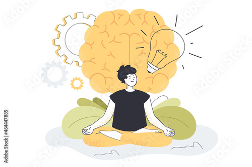 Young man practicing yoga exercises for mental and body health. Happy tiny guy sitting in meditation in front of brain flat vector illustration. Power of mind, healthy lifestyle, harmony concept