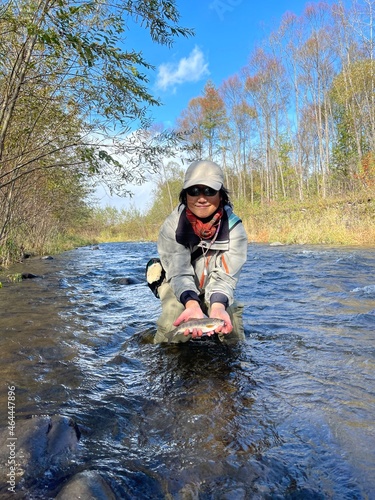 Fototapeta Naklejka Na Ścianę i Meble -  北海道の渓流でフライフィッシングをする女性アングラーと虹鱒
