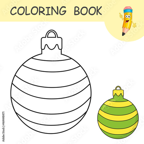 Coloring book with cartoon New Year Ball. Colorless and color samples Christmas tree toy on coloring page for kids. Design in cute cartoon style. Black contour silhouette with a sample for coloring.