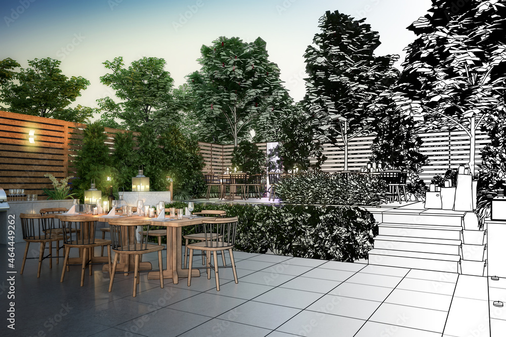 Garden Restaurant by Evening (draft) - 3d visualization