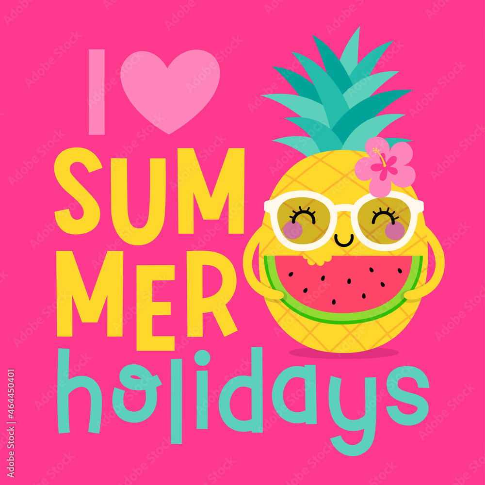 Cute cartoon pineapple with fun typography. Illustration design for summer holidays concept. Cute cartoon pineapple with fun typography. Illustration design for summer holidays concept.