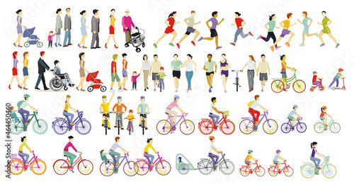 leisure, cycling, running, disability, running, jogging, family, children, pedestrians, cyclists, people, outdoors, leisure, recreation, people, sidewalk, grandchildren, walk, city, vacation, hiking, 