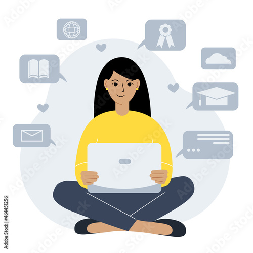 Online education, self-study concept. A woman sits with a laptop on her lap and studies. Education related icons set