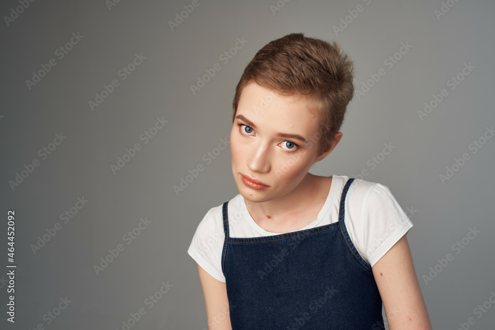 cheerful woman short haired makeup glamor light background cheerful woman short haired makeup glamor light background