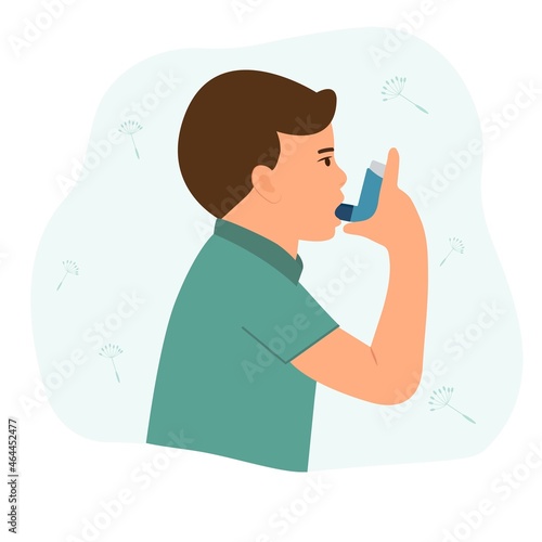 Little Boy uses an asthma inhaler against attack. World asthma day. Allergy,Bronchial asthma kids.Vector  illustration