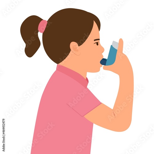 Little girl uses an asthma inhaler against attack. World asthma day. Allergy,Bronchial asthma kids.Vector  illustration