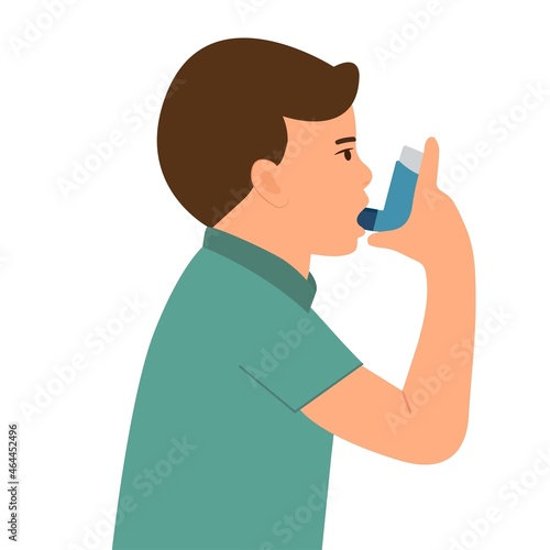 Little Boy uses an asthma inhaler against attack. World asthma day. Allergy,Bronchial asthma kids.Vector  illustration