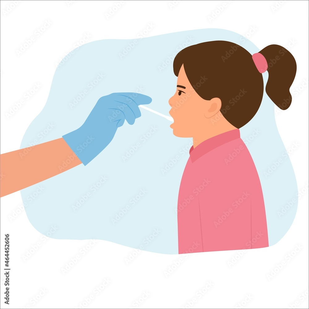 Doctor taking sample saliva for DNA test from little girl in clinic.Mouth saliva test using swab.Vector illustration Doctor taking sample saliva for DNA test from little girl in clinic.Mouth saliva test using swab.Vector illustration
