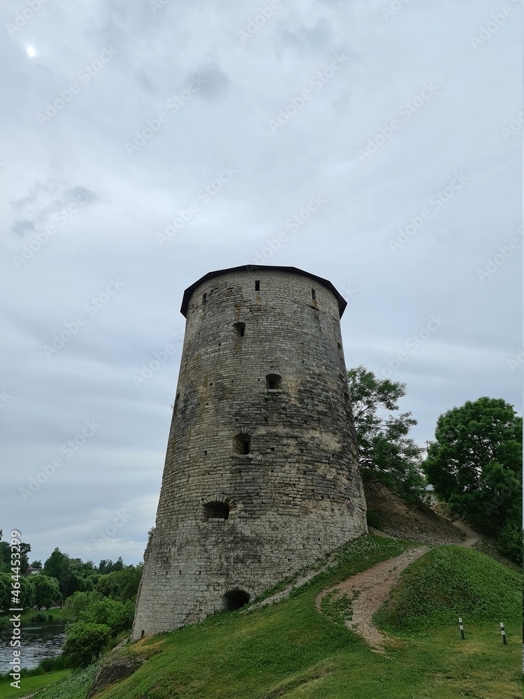 Ruins of the old tower of the Pskov Kremlin on the hill. Russia, Pskov, summer 2021 Ruins of the old tower of the Pskov Kremlin on the hill. Russia, Pskov, summer 2021