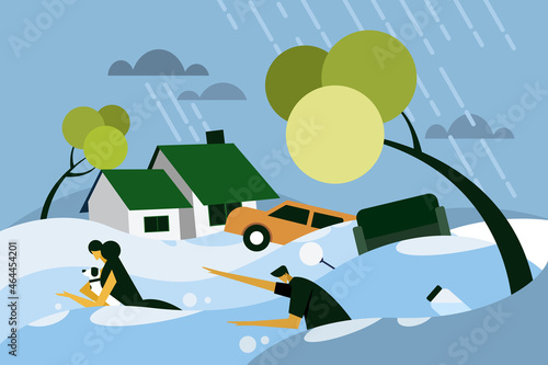 People in panic escaping from the flood situation