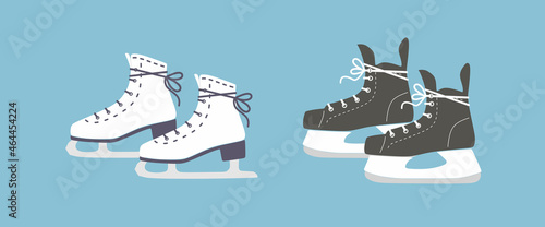 Women, man ice skates. Man, women ice skating on rink. Slides.Active lifestyle.Winter sport, active male, female leisure.Outdoor activity.Hockey.Figure skating. Color Isolated flat vector illustration