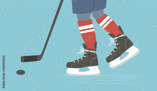 Ice skates. Hockey player with stick and puck. Man Ice skating on rink. Slides. Active lifestyle. Winter sport, active male leisure. Training. Outdoor activity. Color Isolated flat vector illustration