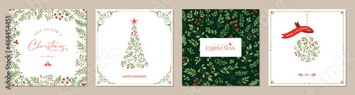 Merry Christmas greeting cards. Trendy square Winter Holidays art templates. Suitable for social media post, mobile apps, banner design and web/internet ads.