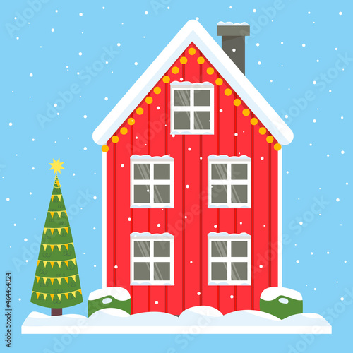 Red two-story house. home of Greenland, Iceland, North Pole, Holland. Snow-covered roof and windows, New Year's exterior. christmas tree in the yard
