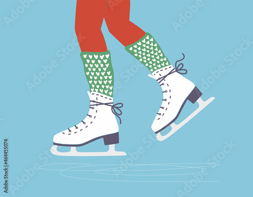 Ice skates. Slides. Women's ice skating on rink. Figure skating. Legs in red tights and green knitted leg warmers.Winter sport active female leisure. Outdoor activity.Isolated flat vector illustration