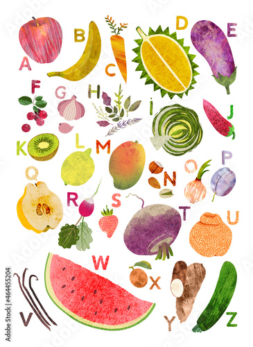 Fototapeta Naklejka Na Ścianę i Meble -  English alphabet for kids with vegetables and fruits. Childish educational alphabet poster