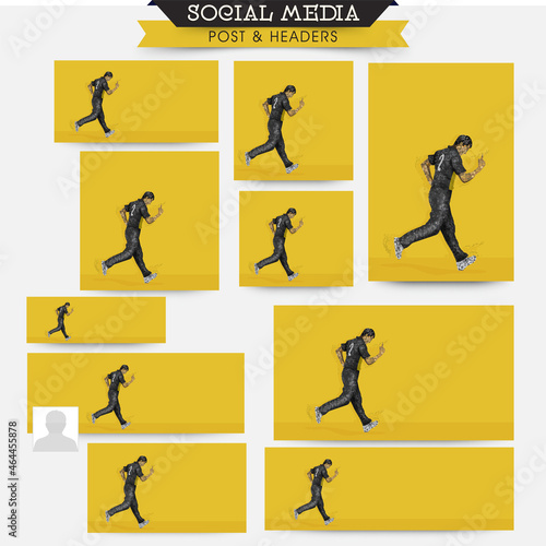Social Media Posts And Header Design Set With Irregular Dots Effect Australia Cricket Player On Yellow Background And Copy Space.