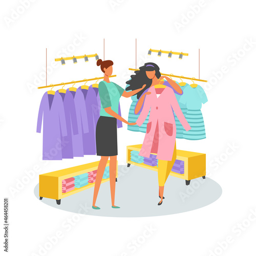 A woman tries on a new look in a women's clothing store. The seller helps to choose clothes. Good shopping. Big sale. Vector illustration flat style.