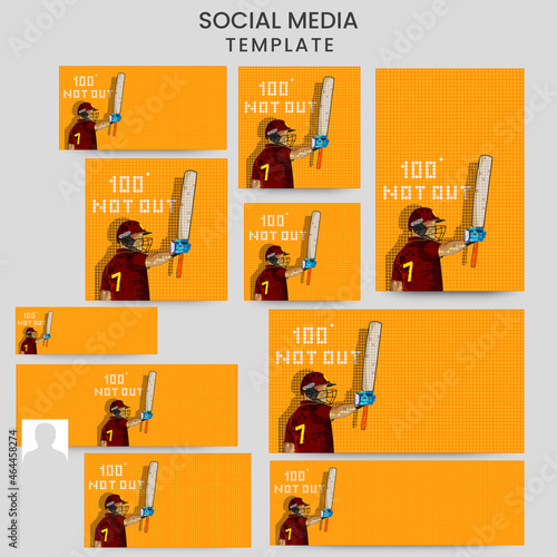Social Media Template Or Posts Set With West Indies Cricket Batter Player And 100 Not Out Text On Orange Grid Background.