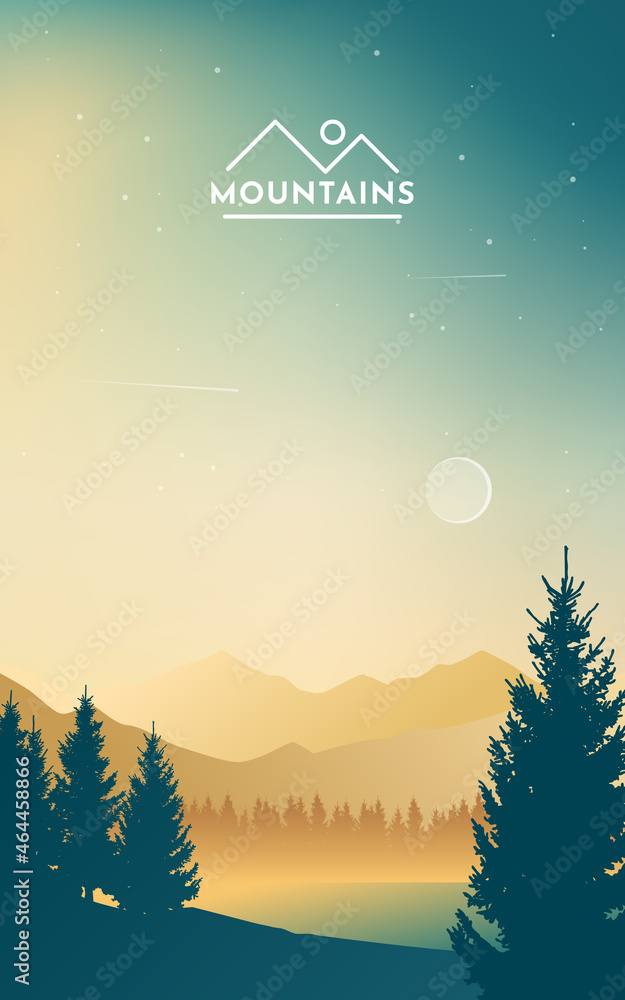 Fototapeta premium Mountain landscape. Forest. Sunset in the mountains. Morning sky.Travel concept. Adventure. Minimalist graphic flyers. Polygonal flat design for coupon, voucher, gift card. Vector illustration