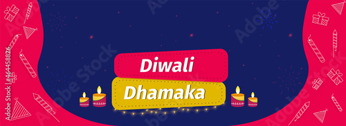 Diwali Dhamaka Banner Or Header Design With Tealight Candles, Line Art Gift Box, Firecrackers On Pink And Blue Background.