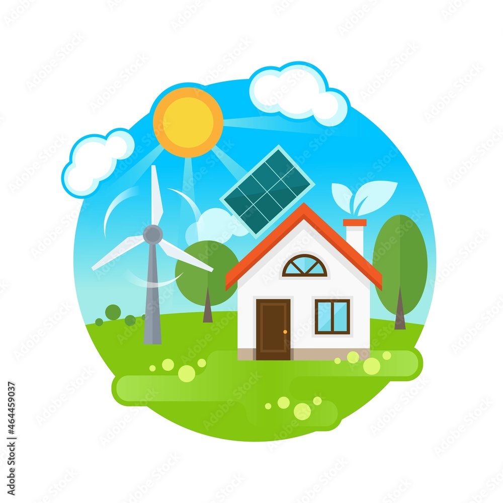 Eco house with a solar panel and a wind turbine on a green sunny lawn. Environmental technologies for energy saving. Vector stock illustration on a round background. Eco house with a solar panel and a wind turbine on a green sunny lawn. Environmental technologies for energy saving. Vector stock illustration on a round background.