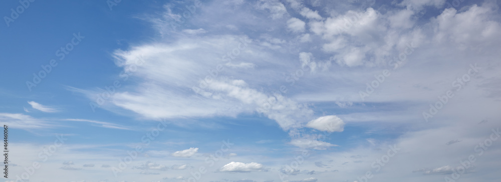 Panoramic photo of blurred sky. Blue sky background with cumulus clouds Panoramic photo of blurred sky. Blue sky background with cumulus clouds