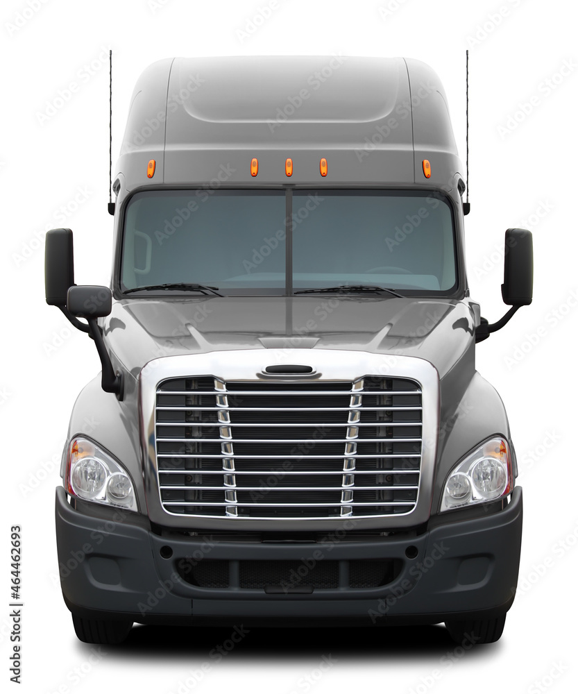 Gray modern American truck with black plastic bumper. Front view isolated on white background.
