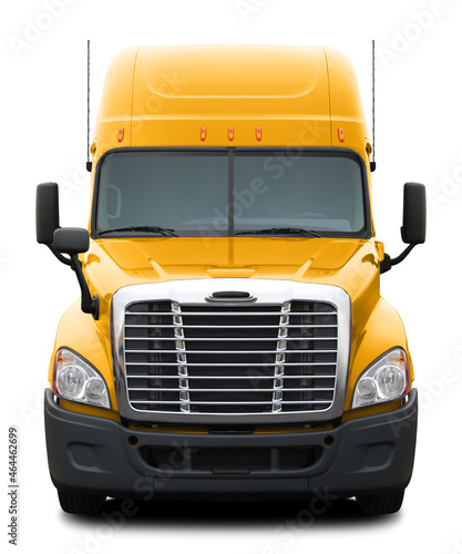 Yellow modern American truck with black plastic bumper. Front view isolated on white background.