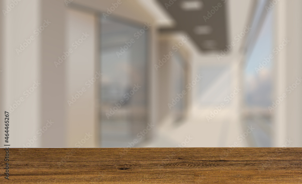 Background with empty table. Flooring. Modern meeting room. 3D rendering.. Mockup.   Empty paintings
