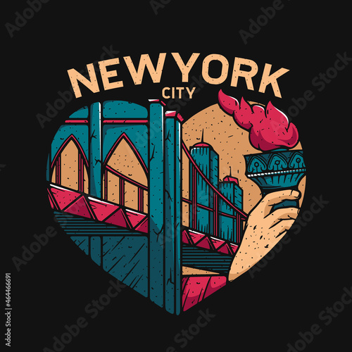 Tshirt Design New york bridge iconic city with love liberty hand illustration concept. eps vector file easy to edit