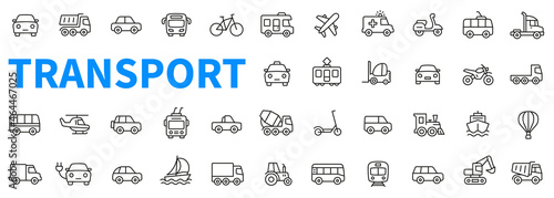 Transport and vehicle icons set. Contains such icons as auto, bike, scooter, bulldozer, bus, cable, car, helicopter and more. Outline web icon collection. Line style - stock vector.