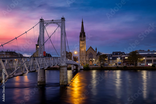 Beautiful  illuminated cityscape of Inverness with Greig Street Bridge and River Ness during sunset  Scotland