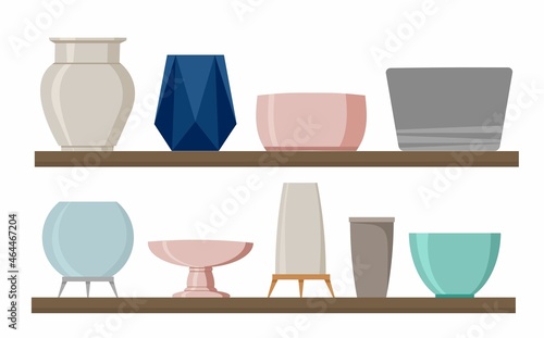 Ceramic tableware on the shelf set. Vector illustration