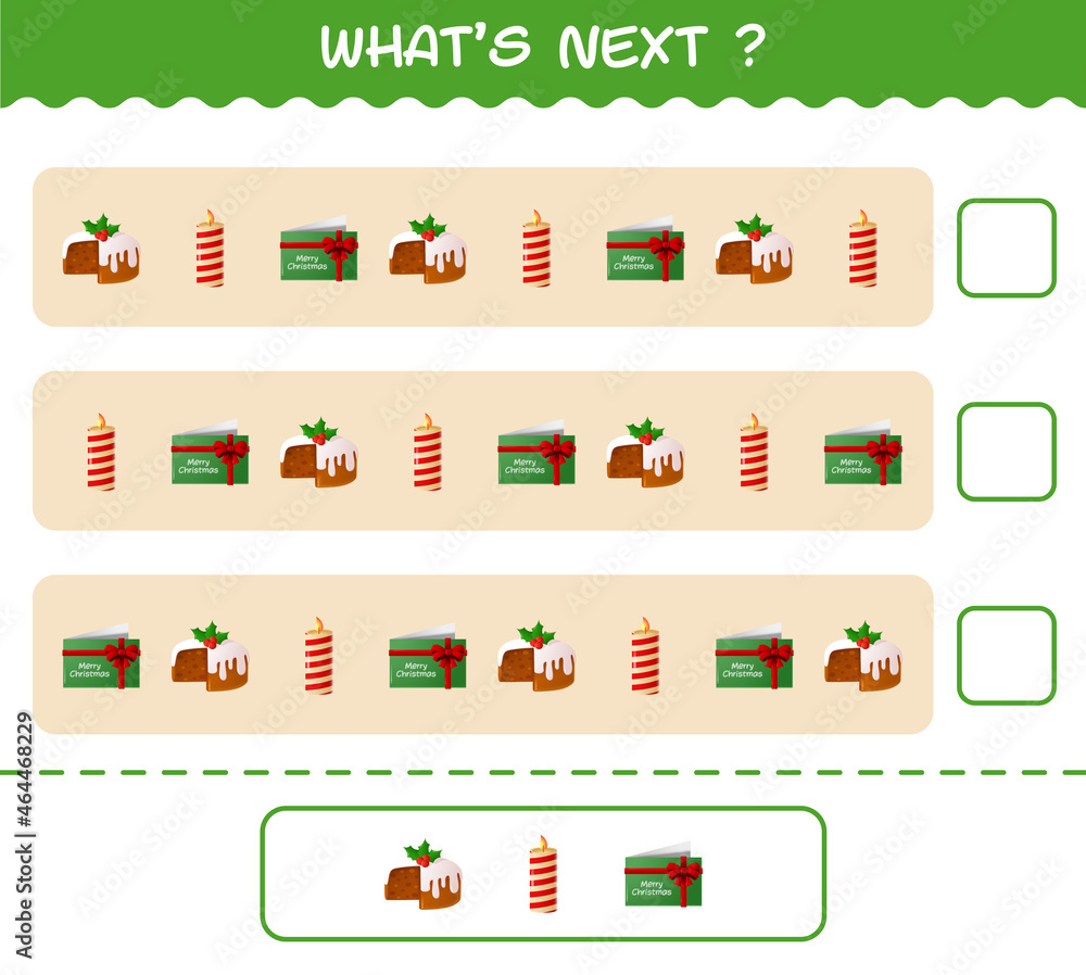 What's comes next educational game of cartoon christmas. Find the regularity and continue the row task. Educational game for pre shool years kids and toddlers