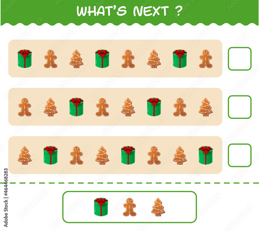 What's comes next educational game of cartoon christmas. Find the regularity and continue the row task. Educational game for pre shool years kids and toddlers What's comes next educational game of cartoon christmas. Find the regularity and continue the row task. Educational game for pre shool years kids and toddlers