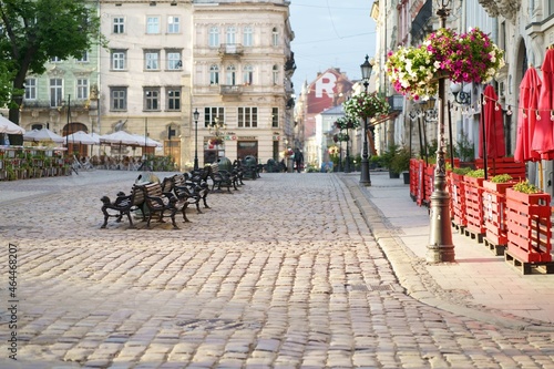 Lviv, Ukraine - June 2021: lantern on Market square in Lviv, Ukraine