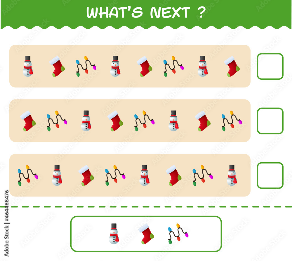 What's comes next educational game of cartoon christmas. Find the regularity and continue the row task. Educational game for pre shool years kids and toddlers What's comes next educational game of cartoon christmas. Find the regularity and continue the row task. Educational game for pre shool years kids and toddlers