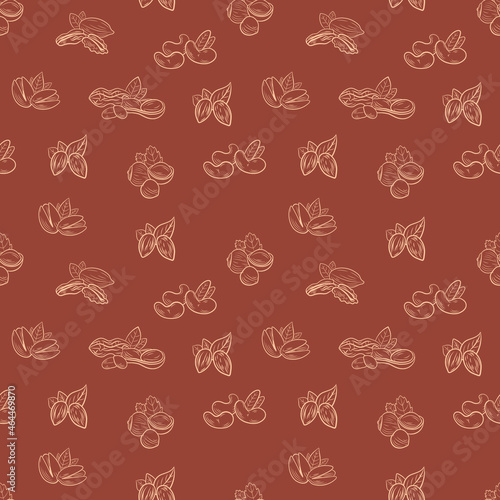 Vector seamless pattern, nuts, background template, assortment outline nuts, pistachio, hazelnut, peanut, pecan, almond, cashew, nut mix.