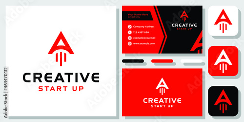 Start Up Arrow Direction Success Growth Red logo design inspiration with Template Business Card