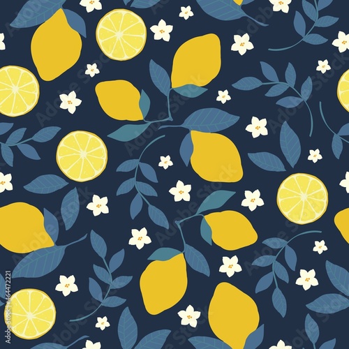 Seamless vintage abstract pattern made of lemons. dark blue background. ripe lemons, blue leaves . white flowers. vector texture. fashionable print for textiles and wallpaper.