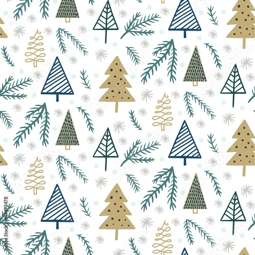 Cute winter season holiday childish seamless pattern with Scandinavian minimalist hand drawn Christmas tree doodle, fine tree branch, snowflakes. Beautiful New Year children background design, textile