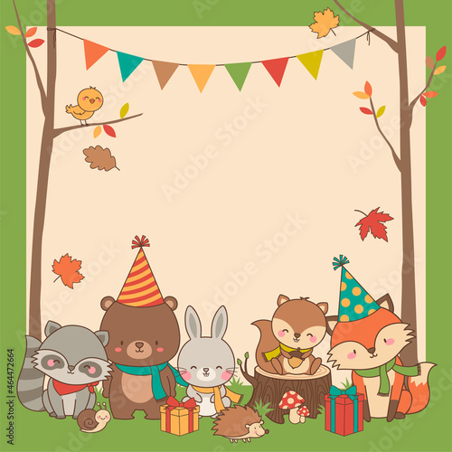 Cute woodland animals cartoon vector with copy space for card design template  party concept illustration for kids.