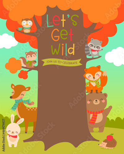 Cute woodland cartoon animals and big tree illustration with copy space for kids party invitation card template.