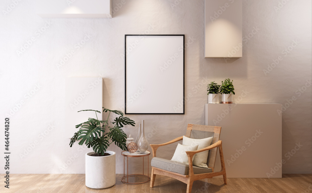 3D Mockup photo frame in Modern interior of living room 3D Mockup photo frame in Modern interior of living room