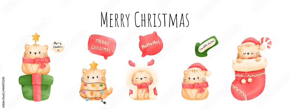 Fototapeta premium Digital painting watercolor meowy Christmas card. Christmas cat vector.
